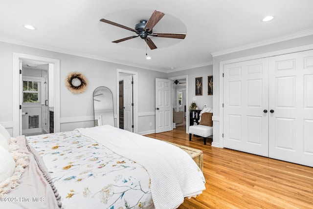 3504 Sheffield Dr, Rocky Mount, NC 27803 - bedroom with light wood-style floors, recessed lighting, a closet, ornamental molding, and ensuite bathroom