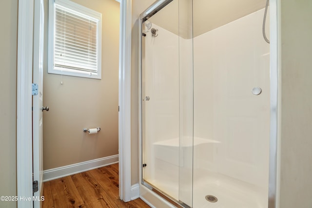 1187 S Brook Rd, Winnabow, NC 28479 - bathroom with a stall shower and wood finished floors