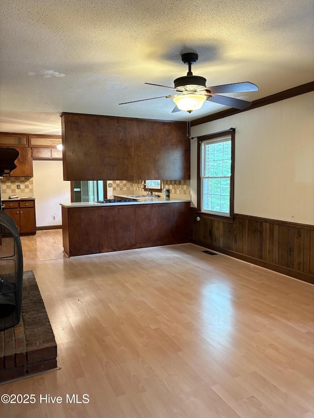 1102 Raleigh Road Parkway W, Wilson, NC 27896 - unfurnished living room with light wood-style flooring, a textured ceiling, wainscoting, a ceiling fan, and wood walls