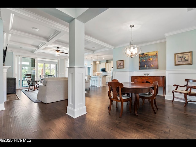2385 Red Birch Trl NE, Leland, NC 28451 - dining room featuring a ceiling fan, coffered ceiling, crown molding, beamed ceiling, and dark wood finished floors