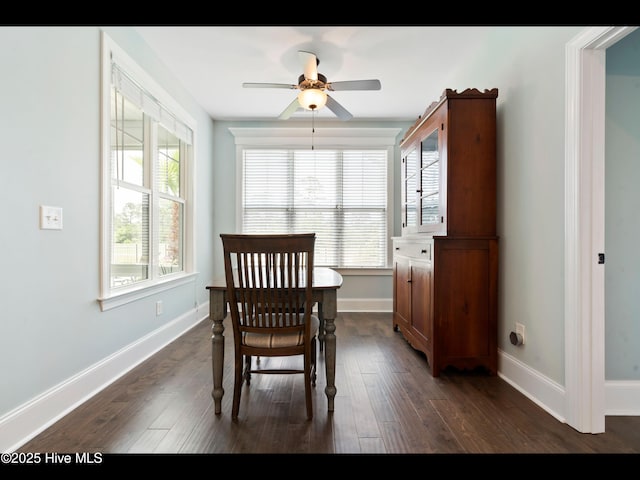 2385 Red Birch Trl NE, Leland, NC 28451 - dining space featuring plenty of natural light, a ceiling fan, dark wood-style floors, and baseboards