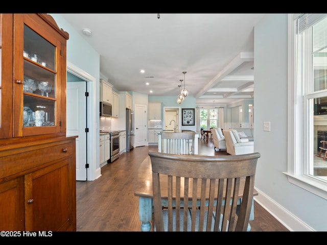2385 Red Birch Trl NE, Leland, NC 28451 - dining area with dark wood-style flooring, recessed lighting, beam ceiling, coffered ceiling, and baseboards