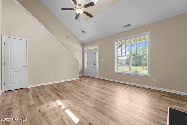 433 Shepherd Trl, Aberdeen, NC 28315 - unfurnished living room featuring light wood-style flooring, a ceiling fan, and high vaulted ceiling