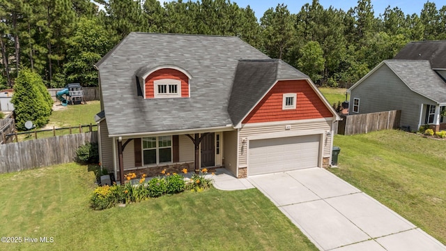 433 Shepherd Trl, Aberdeen, NC 28315 - view of front of property featuring stone siding, concrete driveway, a garage, and roof with shingles