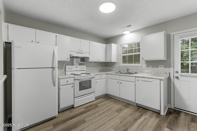 219 Live Oak Ct, Midway Park, NC 28544 - kitchen featuring white appliances, under cabinet range hood, light wood finished floors, light countertops, and a textured ceiling