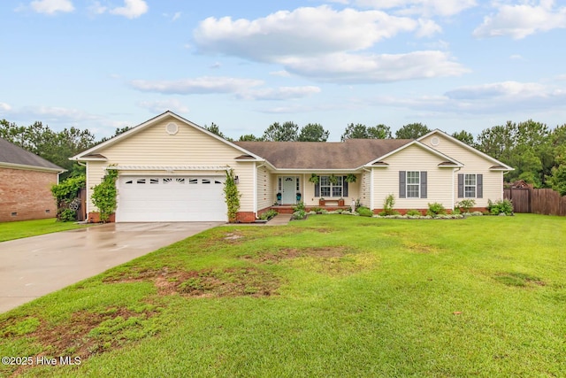 912 Morganser Dr, Swansboro, NC 28584 - ranch-style house featuring an attached garage, concrete driveway, a porch, and roof with shingles