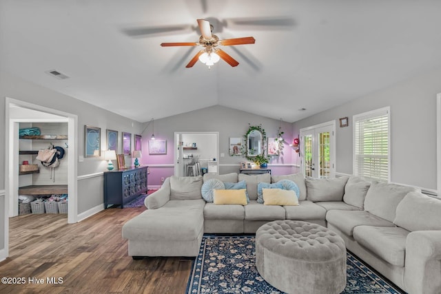 912 Morganser Dr, Swansboro, NC 28584 - living area with a ceiling fan, wood finished floors, vaulted ceiling, french doors, and baseboards