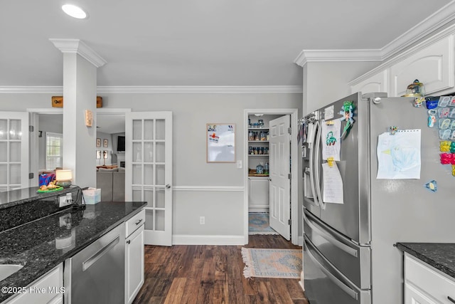 912 Morganser Dr, Swansboro, NC 28584 - kitchen featuring stainless steel appliances, white cabinetry, french doors, dark stone countertops, and dark wood-style flooring