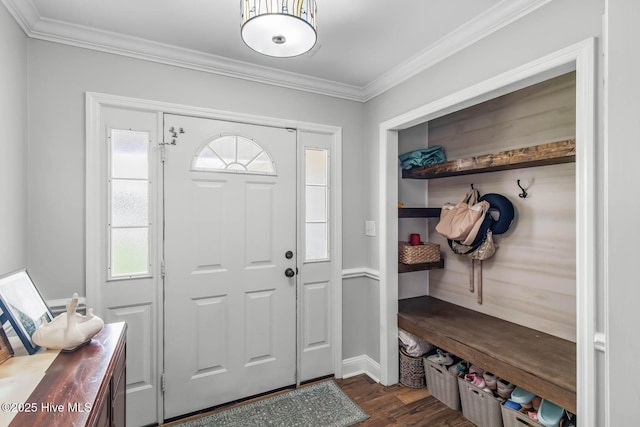 912 Morganser Dr, Swansboro, NC 28584 - foyer featuring dark wood-type flooring, crown molding, and baseboards