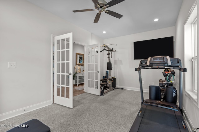 106 Josephs Pt, West End, NC 27376 - workout area with french doors, ceiling fan, carpet, baseboards, and recessed lighting