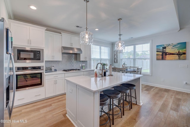 5920 Appomattox Dr, Wilmington, NC 28409 - kitchen with appliances with stainless steel finishes, a sink, under cabinet range hood, crown molding, and light wood-style floors