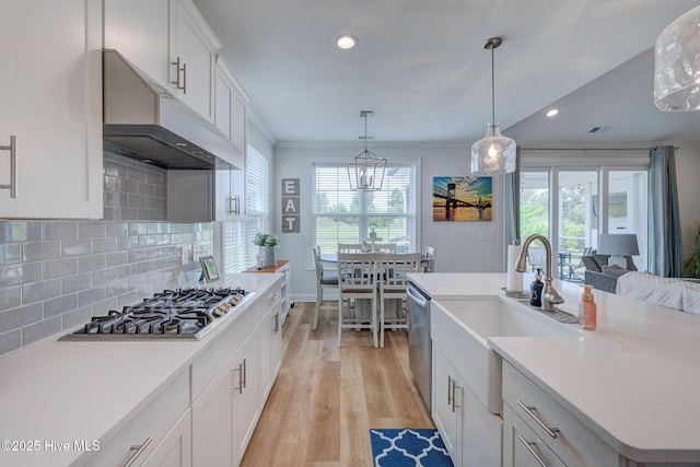 5920 Appomattox Dr, Wilmington, NC 28409 - kitchen with under cabinet range hood, appliances with stainless steel finishes, light wood finished floors, a sink, and light countertops