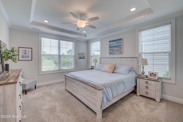 5920 Appomattox Dr, Wilmington, NC 28409 - bedroom featuring a tray ceiling, light colored carpet, baseboards, ornamental molding, and recessed lighting