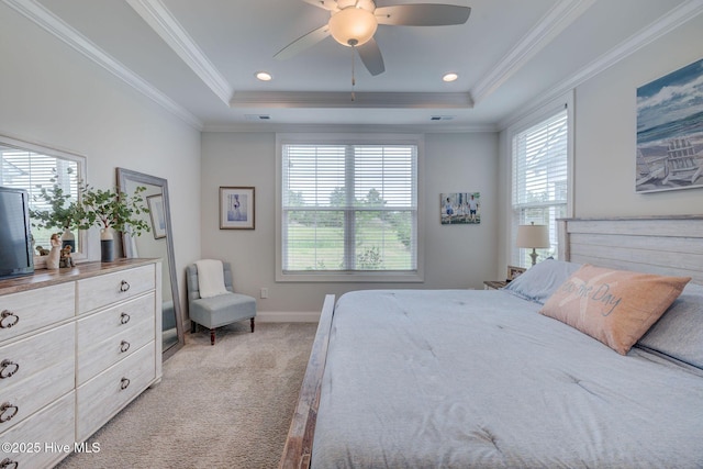 5920 Appomattox Dr, Wilmington, NC 28409 - bedroom featuring light carpet, a raised ceiling, crown molding, baseboards, and a ceiling fan