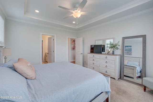 5920 Appomattox Dr, Wilmington, NC 28409 - bedroom featuring a tray ceiling, ornamental molding, recessed lighting, light carpet, and ceiling fan