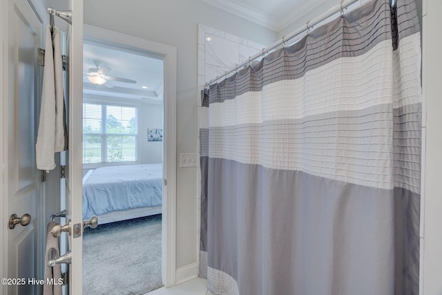 5920 Appomattox Dr, Wilmington, NC 28409 - bathroom with ensuite bathroom, ornamental molding, a shower with curtain, and a ceiling fan