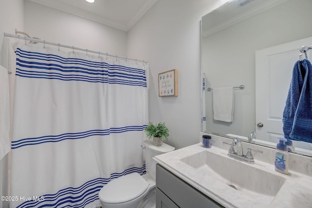 5920 Appomattox Dr, Wilmington, NC 28409 - bathroom with toilet, vanity, crown molding, and a shower with shower curtain