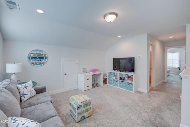 5920 Appomattox Dr, Wilmington, NC 28409 - living room featuring light carpet, recessed lighting, baseboards, and vaulted ceiling