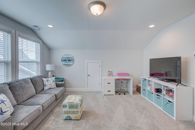 5920 Appomattox Dr, Wilmington, NC 28409 - carpeted living room with vaulted ceiling, baseboards, and recessed lighting