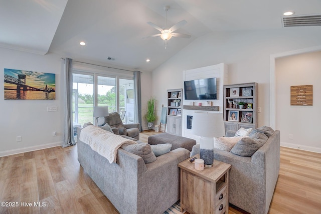 5920 Appomattox Dr, Wilmington, NC 28409 - living room featuring ceiling fan, light wood finished floors, recessed lighting, baseboards, and high vaulted ceiling