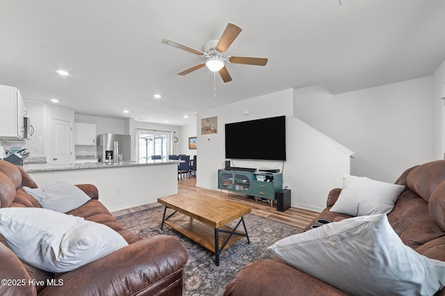 3402 Woodwind Ct, Kinston, NC 28504 - living area with a ceiling fan, wood finished floors, and recessed lighting