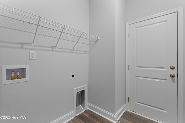 250 Arnette Dr Unit 83B, Ocean Isle Beach, NC 28469 - laundry room featuring electric dryer hookup, hookup for a washing machine, dark wood-style floors, and baseboards