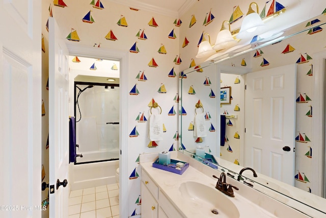 306 Marina Way N, Topsail Beach, NC 28460 - bathroom with vanity, tile patterned flooring, toilet, enclosed tub / shower combo, and ornamental molding
