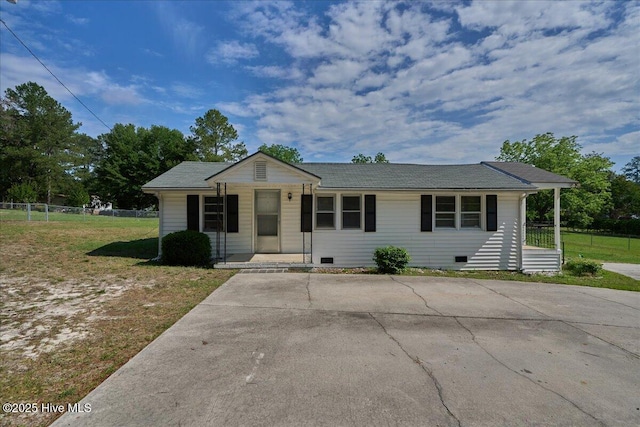 110 Texanna Ln, Raeford, NC 28376 - view of front of property featuring crawl space, driveway, roof with shingles, and covered porch