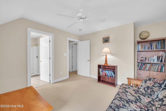 423 White Columns Way, Wilmington, NC 28411 - sitting room with a ceiling fan, carpet, baseboards, and vaulted ceiling
