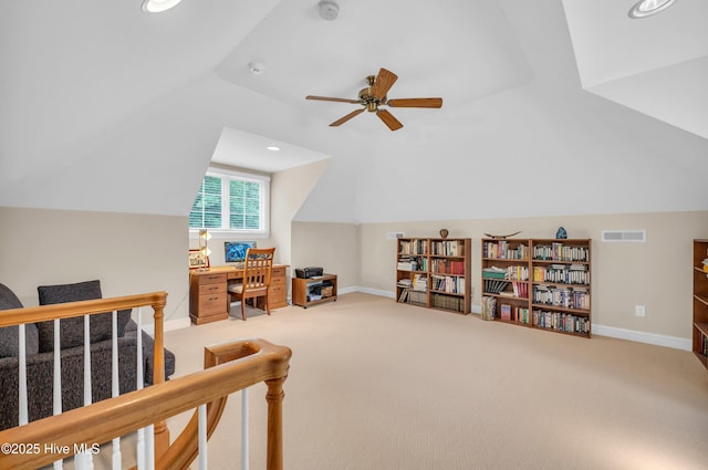 423 White Columns Way, Wilmington, NC 28411 - carpeted office space with vaulted ceiling, a ceiling fan, baseboards, and recessed lighting