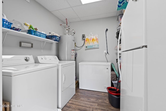 2767 Nags Head Rd SW, Supply, NC 28462 - laundry room with washing machine and dryer, dark wood finished floors, and electric water heater