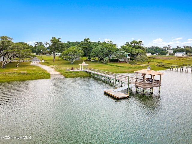 2767 Nags Head Rd SW, Supply, NC 28462 - dock featuring a water view, a gazebo, and a yard