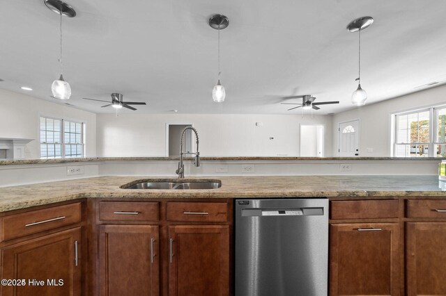 106 Waterside Dr, Bath, NC 27808 - kitchen with dishwasher, a sink, a ceiling fan, and pendant lighting