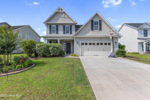 737 Heartwood Dr, Leland, NC 28479 - craftsman house with concrete driveway, a front lawn, a garage, and covered porch