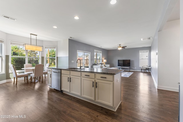 737 Heartwood Dr, Leland, NC 28479 - kitchen featuring stainless steel dishwasher, dark wood-style floors, a ceiling fan, recessed lighting, and baseboards