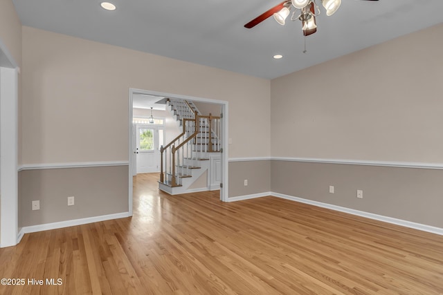 142 Magens Way, Cedar Point, NC 28584 - spare room with stairs, a ceiling fan, light wood-style floors, baseboards, and recessed lighting