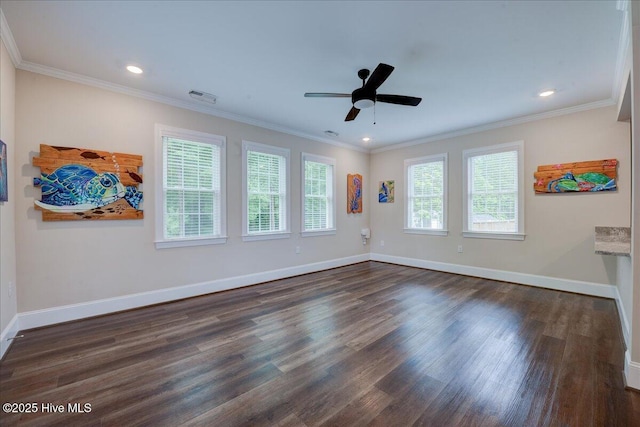 409 Kinnakeet Ln, New Bern, NC 28562 - spare room with dark wood-style flooring, baseboards, a ceiling fan, recessed lighting, and ornamental molding