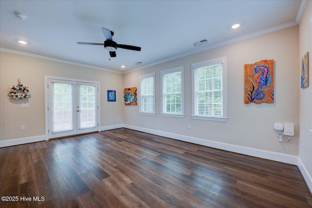 409 Kinnakeet Ln, New Bern, NC 28562 - empty room with dark wood-style floors, ceiling fan, baseboards, french doors, and recessed lighting