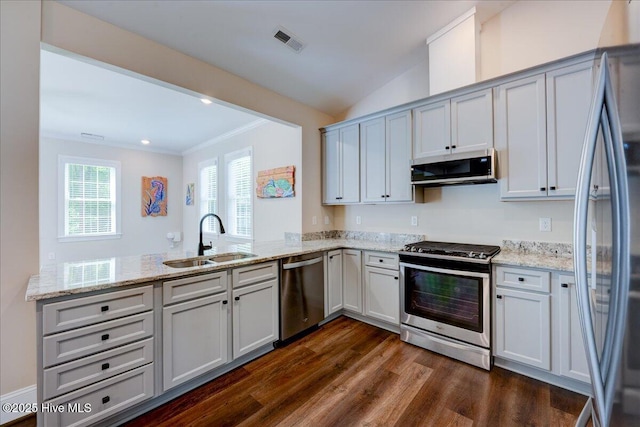 409 Kinnakeet Ln, New Bern, NC 28562 - kitchen with appliances with stainless steel finishes, a sink, a peninsula, dark wood-style flooring, and crown molding