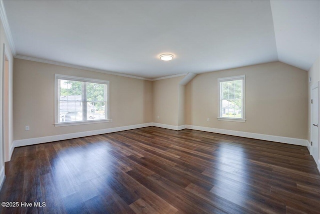 409 Kinnakeet Ln, New Bern, NC 28562 - spare room featuring healthy amount of natural light, dark wood-style flooring, baseboards, ornamental molding, and lofted ceiling