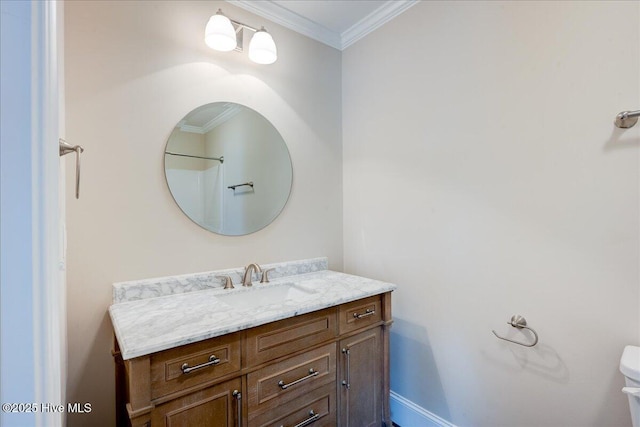 409 Kinnakeet Ln, New Bern, NC 28562 - bathroom featuring vanity, ornamental molding, and toilet
