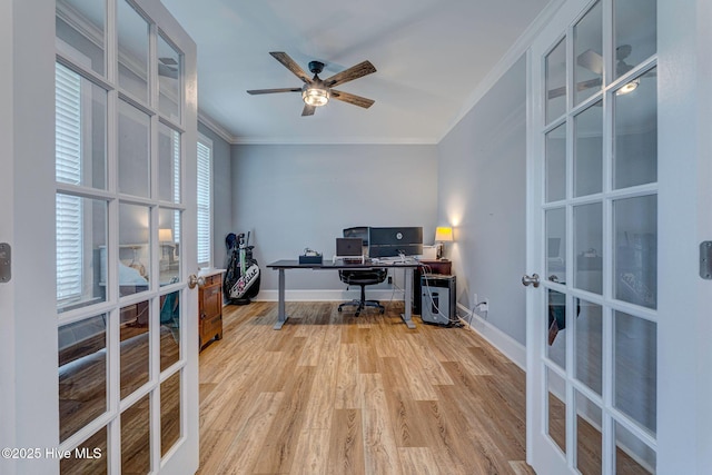 1279 Pandion Dr, Wilmington, NC 28411 - home office featuring french doors, ceiling fan, light wood-style flooring, crown molding, and baseboards