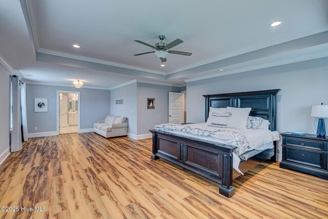 1279 Pandion Dr, Wilmington, NC 28411 - bedroom with a tray ceiling, light wood finished floors, baseboards, recessed lighting, and crown molding