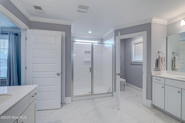 1279 Pandion Dr, Wilmington, NC 28411 - bathroom featuring two vanities, baseboards, a stall shower, plenty of natural light, and crown molding