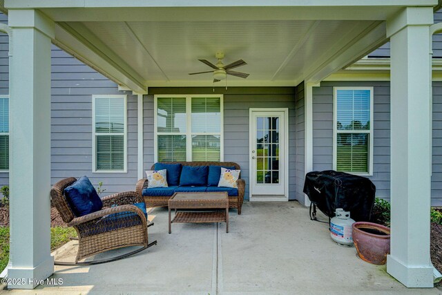 1279 Pandion Dr, Wilmington, NC 28411 - view of patio / terrace featuring ceiling fan, an outdoor living space, and area for grilling