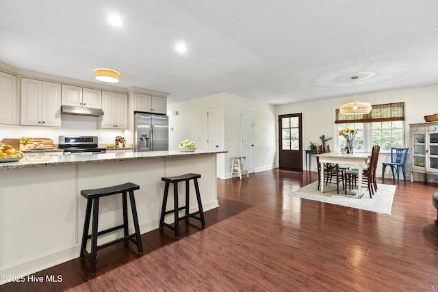 109 Dilworth Rd, Wilmington, NC 28411 - kitchen featuring stainless steel appliances, under cabinet range hood, light stone counters, a breakfast bar area, and dark wood-style flooring