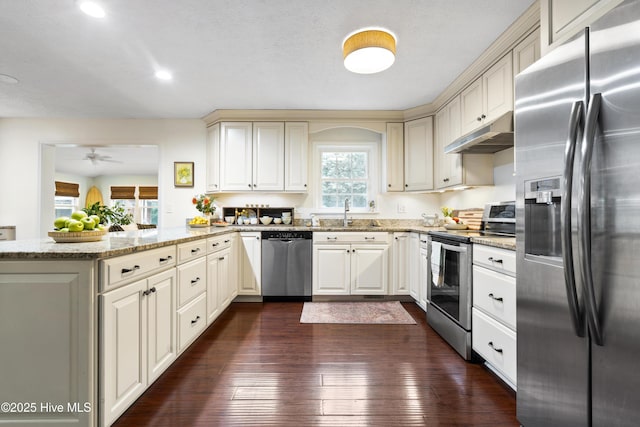109 Dilworth Rd, Wilmington, NC 28411 - kitchen with appliances with stainless steel finishes, under cabinet range hood, a peninsula, a sink, and light stone counters