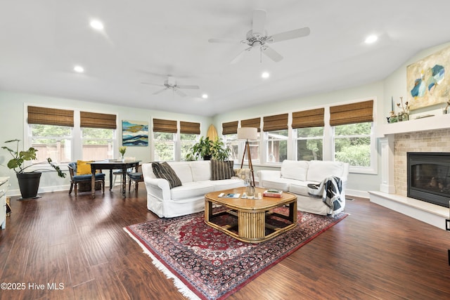 109 Dilworth Rd, Wilmington, NC 28411 - living area with recessed lighting, ceiling fan, dark wood-style floors, a fireplace, and baseboards