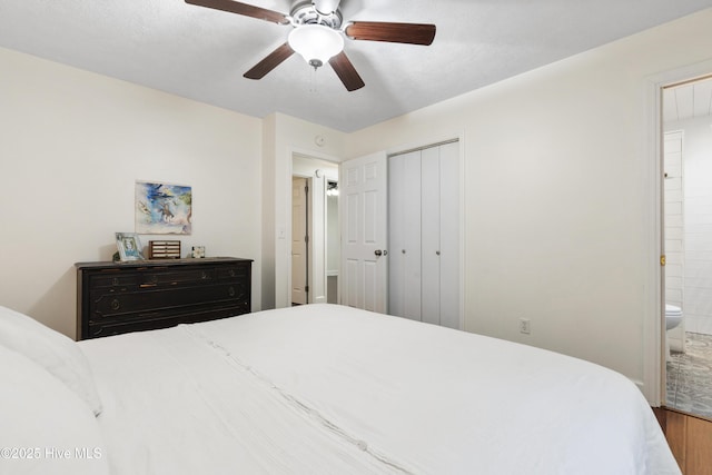 109 Dilworth Rd, Wilmington, NC 28411 - bedroom featuring wood finished floors, a closet, connected bathroom, and ceiling fan