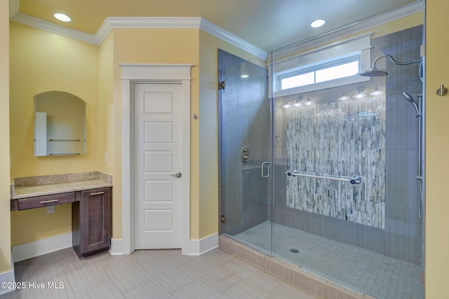 7406 Songbird Ct, Wilmington, NC 28411 - full bath with baseboards, vanity, a shower stall, crown molding, and recessed lighting